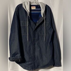 Wrangler Authentics Men’s Denim Shacket Jacket L Flannel Lined Hoodie Button Up